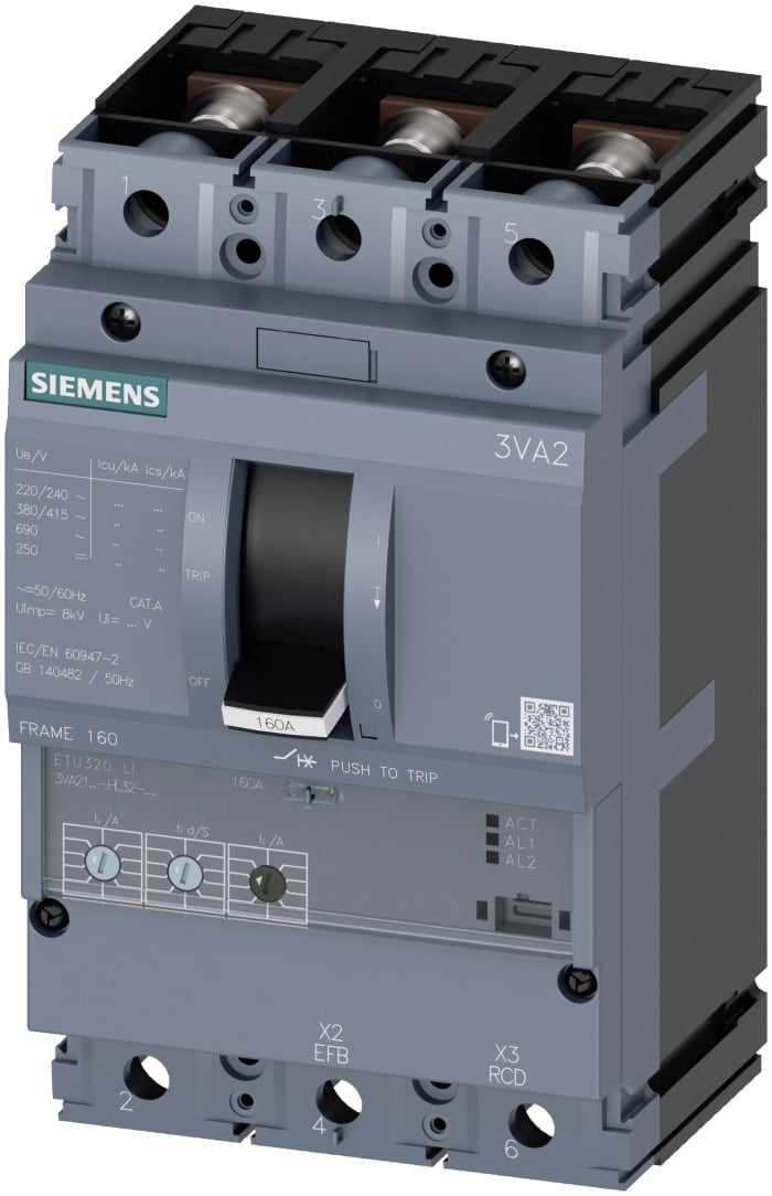 Disjoncteur Siemens SENTRON 3 pôles, 100A, pouvoir de coupure 55 kA, montage fixe