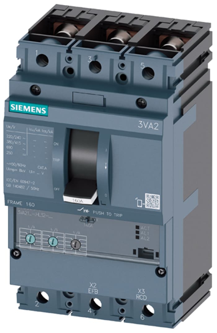 Disjoncteur Siemens SENTRON 3 pôles, 160A, pouvoir de coupure 55 kA, montage fixe