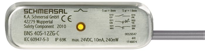 Schmersal BNS40S Series Non-Flush Magnetic Non-Contact Safety Switch, 100V ac/dc, Stainless Steel Housing, 1m Cable