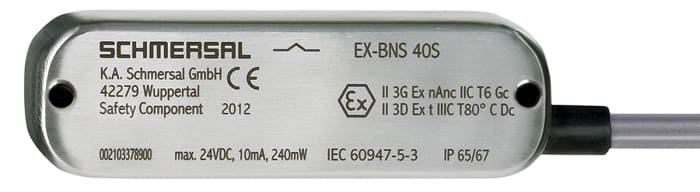 Schmersal EX-BNS40S Series Non-Flush Magnetic Non-Contact Safety Switch, 24V ac/dc, Stainless Steel Housing, NO/NC, 1m