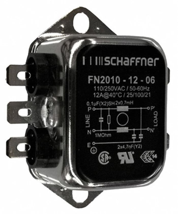 Schaffner, FN2010 12A 250 V ac/dc 0 → 400Hz, Chassis Mount EMI Filter, Fast-On, Single Phase
