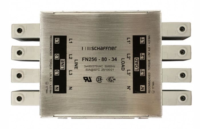 Schaffner, FN256 80A 3 x 480 V ac 0 → 60Hz, Chassis Mount RFI Filter, Terminal Block 3 Phase