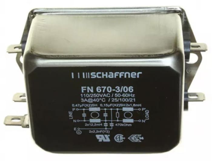 Schaffner, FN670 3A 250 V ac DC → 400Hz, Chassis Mount EMI Filter, Quick Connect, Single Phase