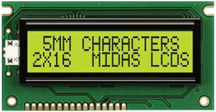 Midas MC21605A6WD-SPTLY A Alphanumeric LCD Display Yellow-Green, 2 Rows by 16 Characters, Transflective