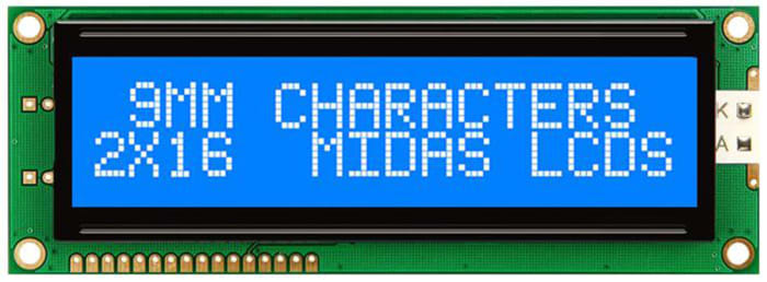 Midas MC21609AB6W-BNMLW A Alphanumeric LCD Display Black, Green, 2 Rows by 16 Characters, Transmissive