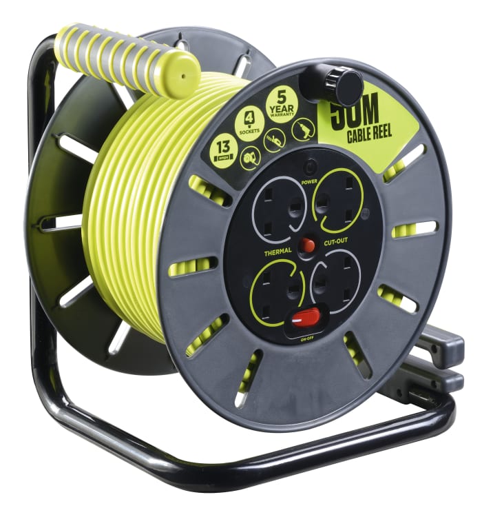 RS PRO, RS PRO 50m 4 Socket Type G - British Cable Reel, 240 V, 889-2504