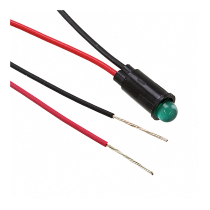 Dialight Green Indicator, 5V dc, 6.4mm Mounting Hole Size, Lead Wires Termination