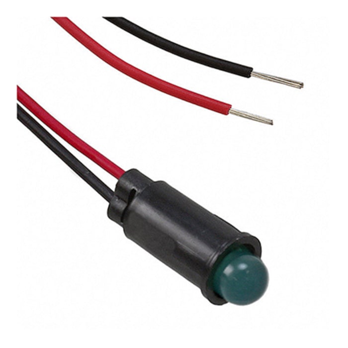 Dialight Green Indicator, 1.8V dc, 6.4mm Mounting Hole Size, Lead Wires Termination