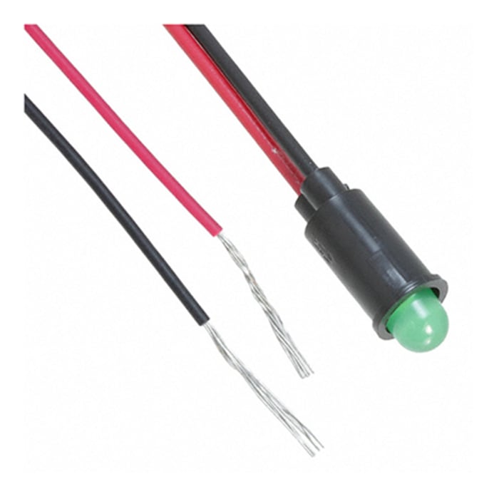 Dialight Green Indicator, 2.1V dc, 6.4mm Mounting Hole Size, Lead Wires Termination