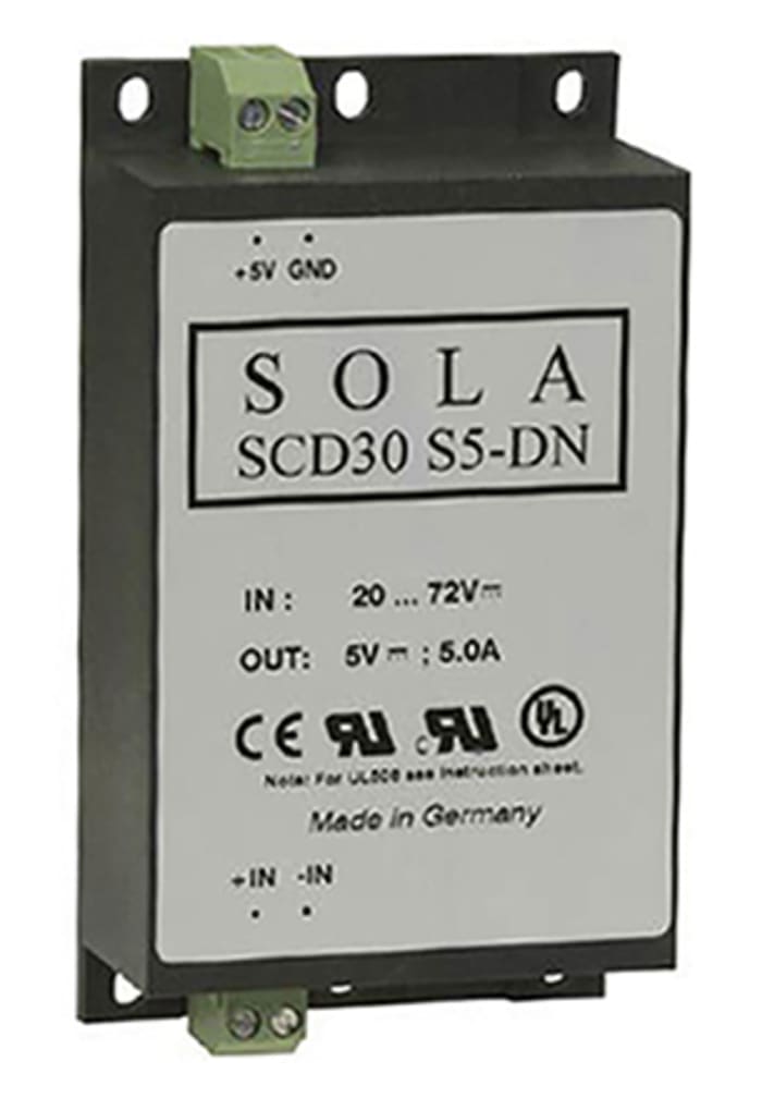 SolaHD SCD Non-Isolated DC-DC Converter, 5V dc/ 5A Output, 20 → 72 V dc Input, 30W, Chassis Mount, DIN Rail