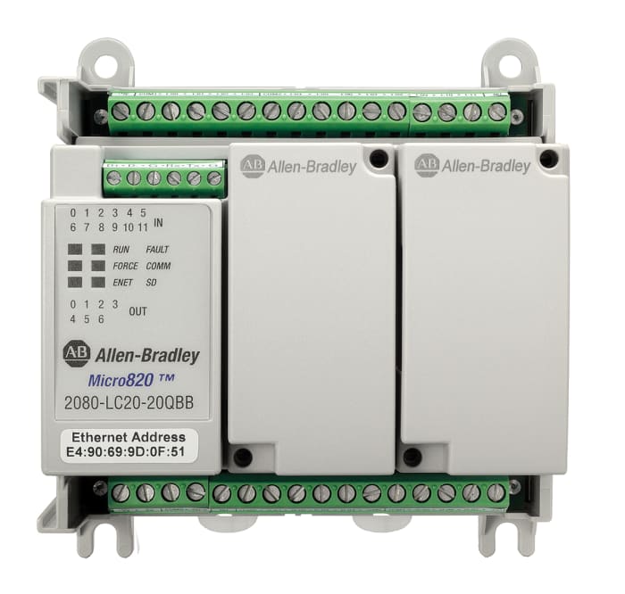 PLC procesor řada Micro820, výstup: Relé Ethernet Ethernet 20 vstupů/výstupů 4 1 12 7 Lišta DIN Allen Bradley