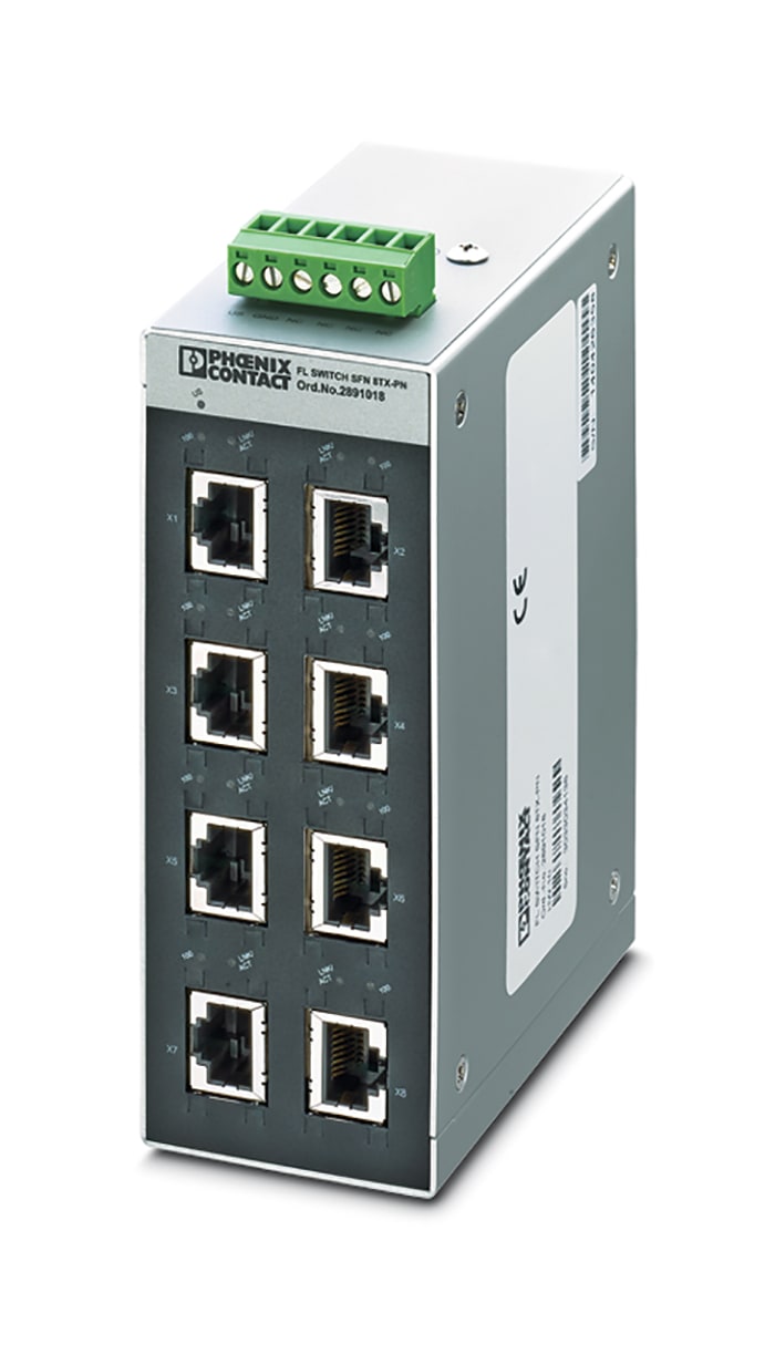 Phoenix Contact FL SWITCH SFN 8TX-PN Series DIN Rail Mount Ethernet Switch, 8 RJ45 Ports, 100Mbit/s Transmission, 24V dc