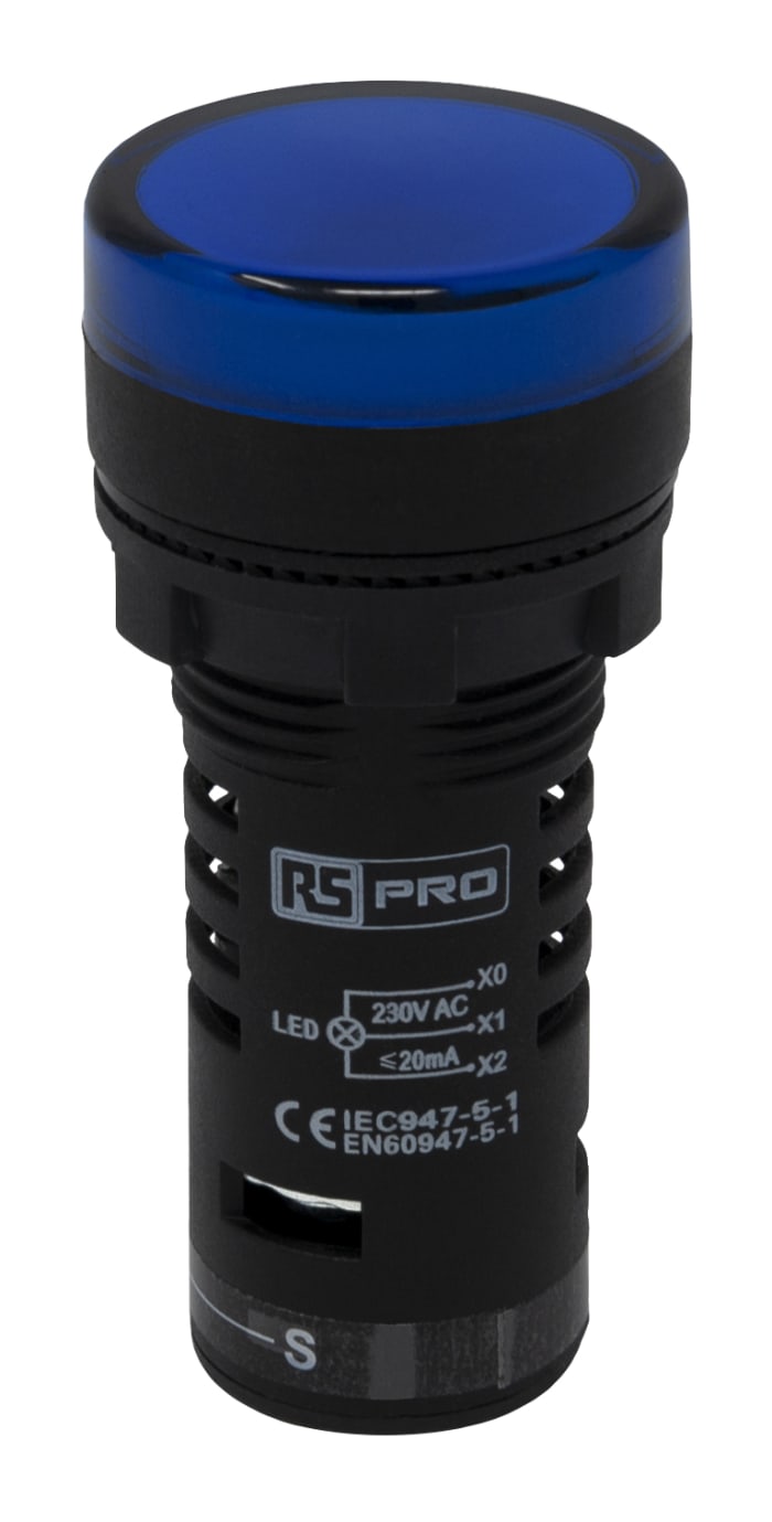 RS PRO, Panel Mount Blue LED Pilot Light, 22mm Cutout, IP65, Round, 230V ac