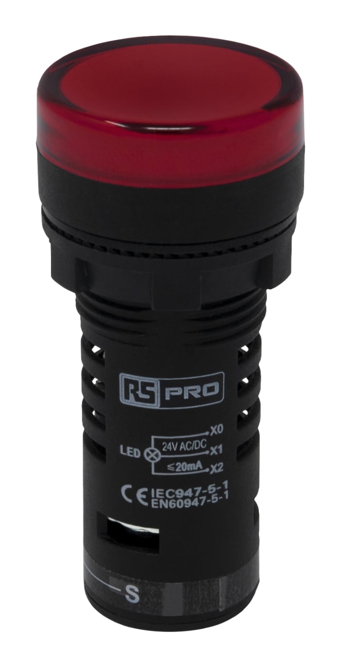 RS PRO, Panel Mount Red LED Pilot Light, 22mm Cutout, IP65, Round, 24V ac/dc