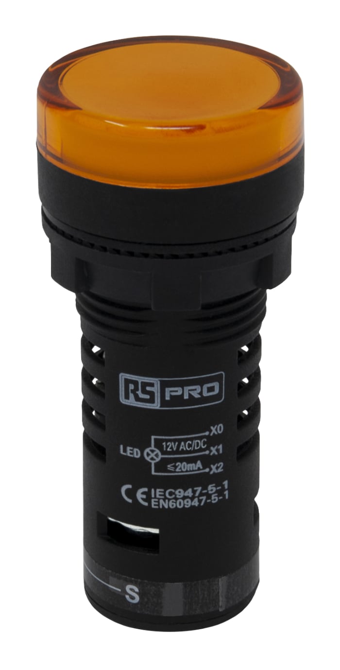 RS PRO, Panel Mount Yellow LED Pilot Light, 22mm Cutout, IP65, Round, 12V ac/dc