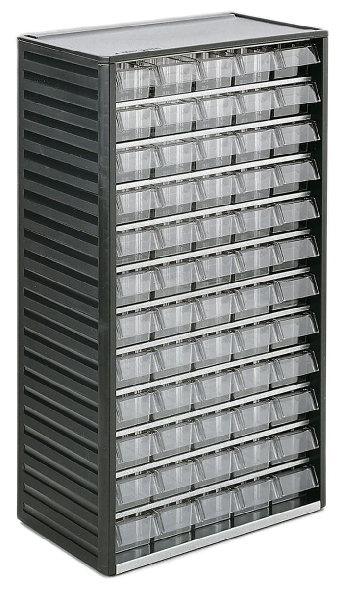 Unité de stockage 60 tiroirs RS PRO en Plastique, 550mm x 310mm x 180mm