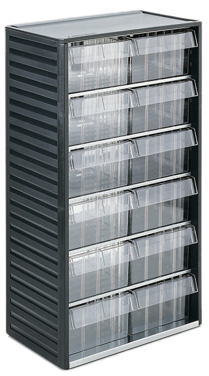 Skladovací jednotka se zásuvkami Šedá PP 12 průhledné zásuvky 550mm x 310mm x 180mm RS PRO