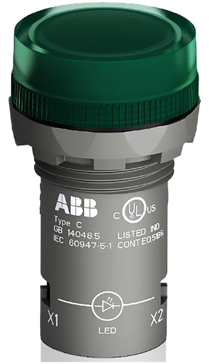 ABB, CL2-502G, Panel Mount Green LED Pilot Light, 22mm Cutout, IP66, IP67, IP69K, Round, 24V ac/dc