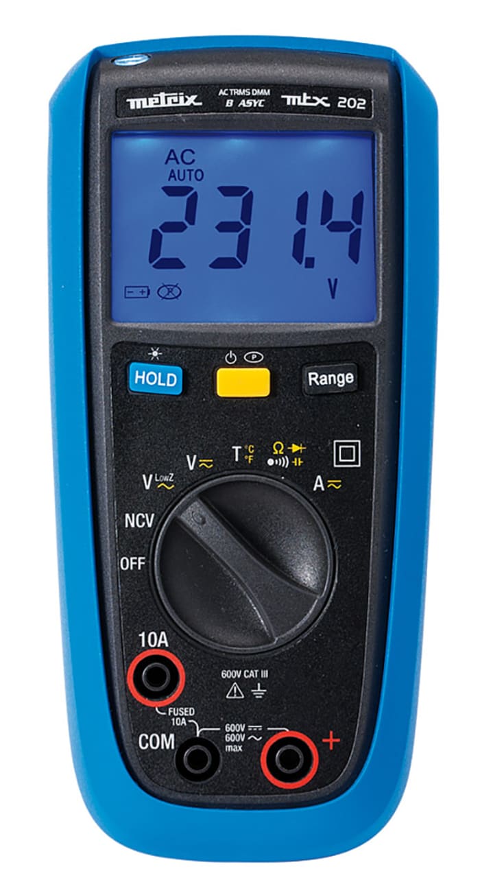 Metrix MTX202 Handheld Digital Multimeter, True RMS, 10A ac Max, 10A dc Max, 600V ac Max