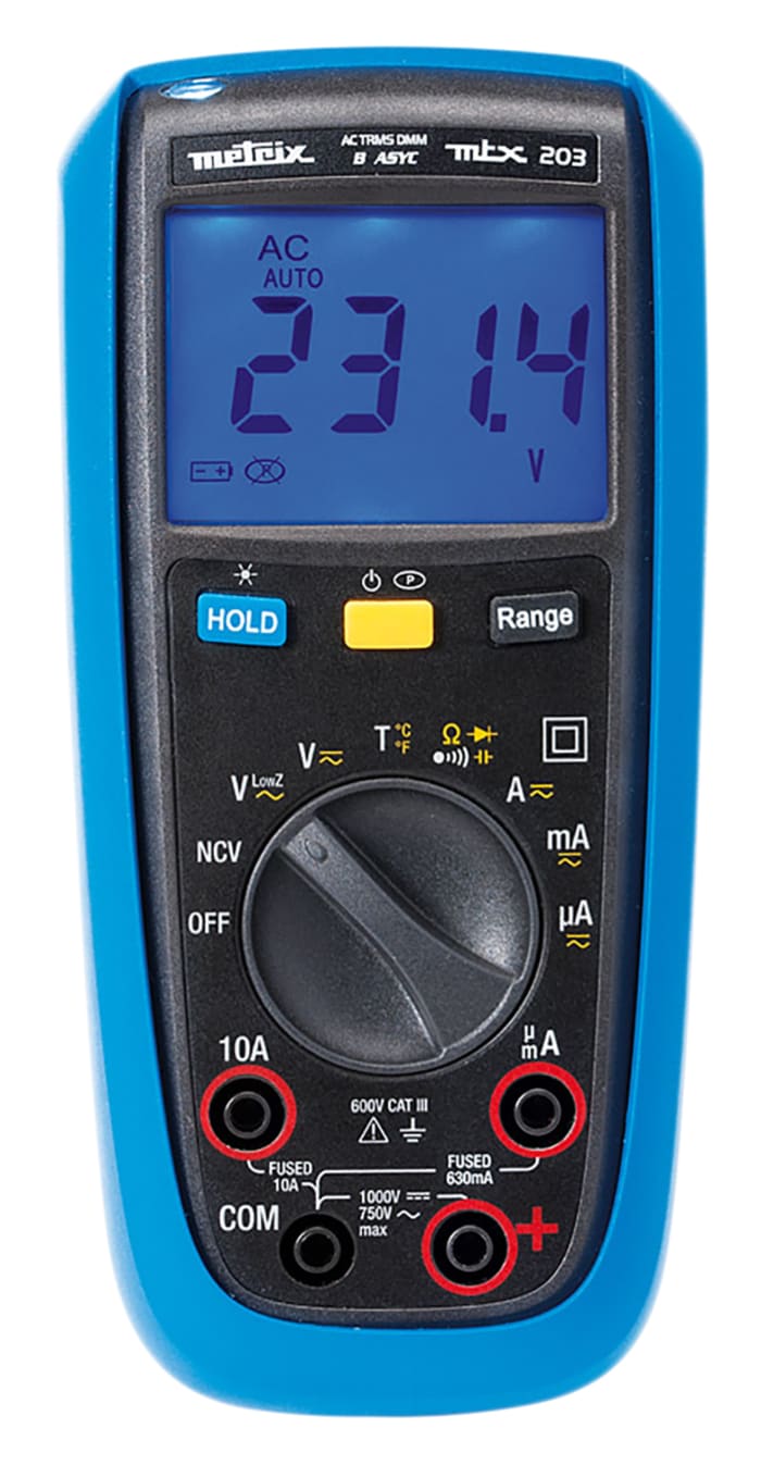 Metrix MTX203 Handheld Digital Multimeter, True RMS, 10A ac Max, 10A dc  Max, 750V ac Max - RS Calibrated