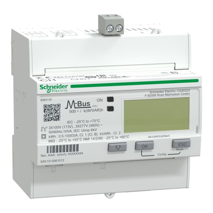 Compteur d'énergie Schneider Electric Acti 9 iEM3000, 3 phases, 63 A, 99999999.9 kWh