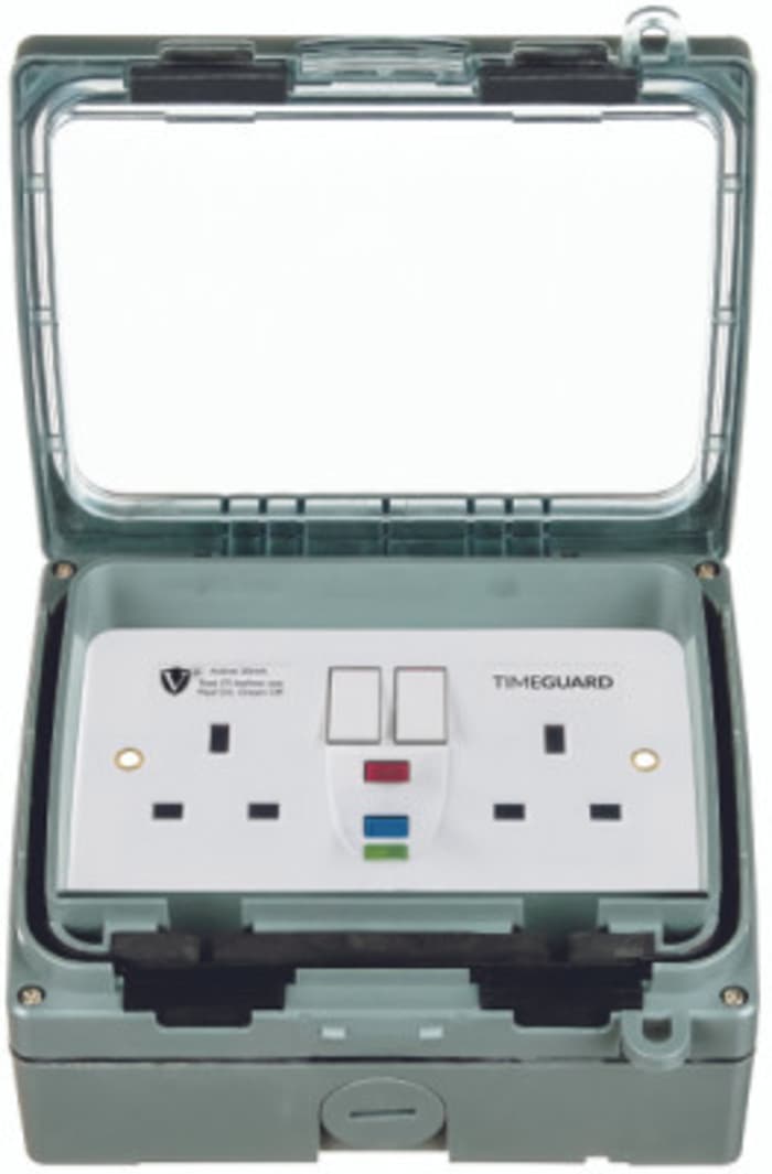 Timeguard 13A, BS 7288 Fixing, Active, 2 Gang RCD Socket, Thermoplastic, Surface Mount , Switched, IP66 , Outdoor, 230