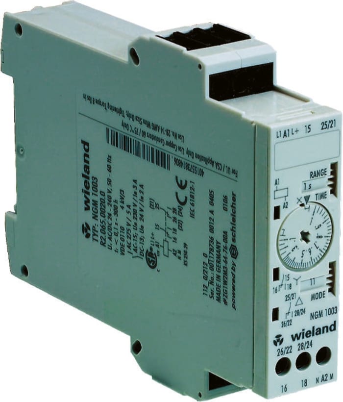 Wieland Time Delay Relay, 24 → 240V ac/dc, <0.1 → 1000 s, 0.15 → 300 h, 0.5 → 100min,