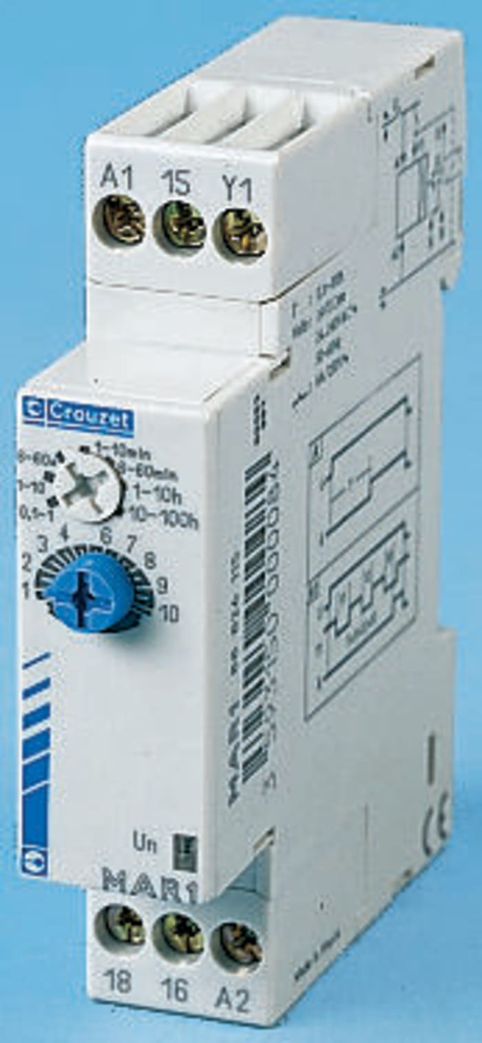 Relais temporisé Crouzet, 24 → 240 V ac, 24V c.c., Rail DIN, 1 contact