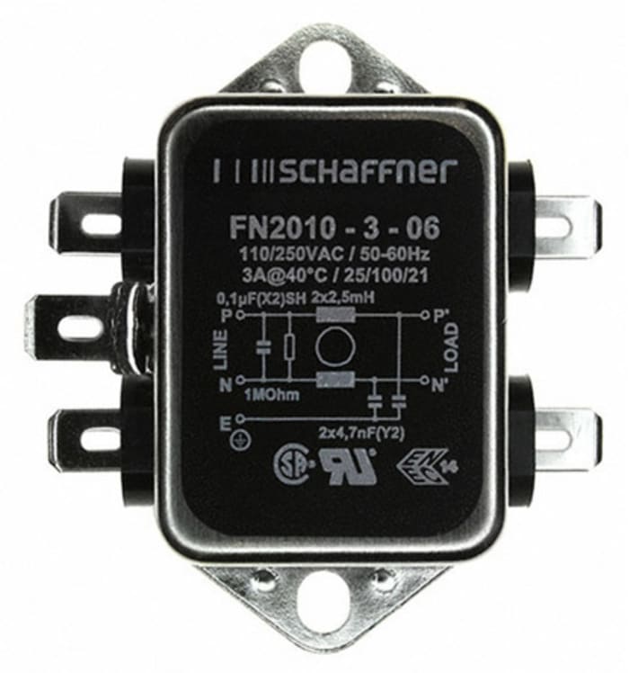 Filtre EMI Schaffner, 3A max, monophasé  phases, 250 V c.a./c.c. max, Montage sur châssis, série FN2010