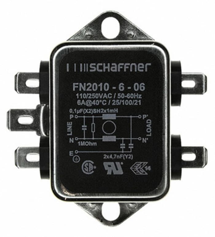 Filtre EMI Schaffner, 6A max, monophasé  phases, 250 V c.a./c.c. max, Montage sur châssis, série FN2010