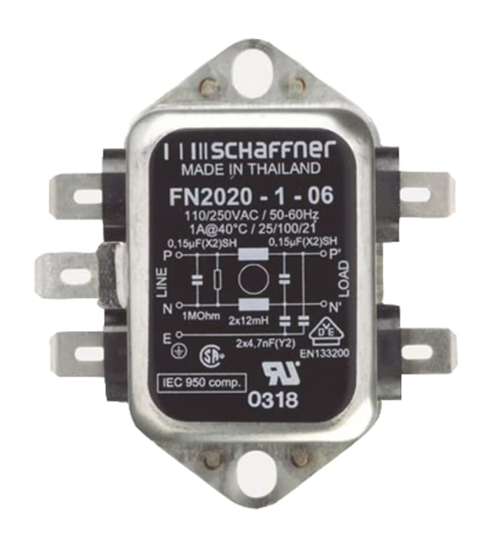 Schaffner, FN2020 1A 250 V ac/dc 400Hz, Chassis Mount EMI Filter, Fast-On, Single Phase