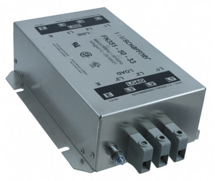 Schaffner FN351 Series 50A 440 V ac 60Hz Flange Mount RFI Filter, with Screw Terminals
