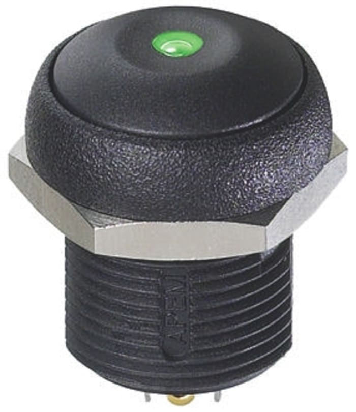 APEM Illuminated Push Button Switch, Momentary, Panel Mount, 14.8mm Cutout, SPST, Green LED, 250V ac, IP67