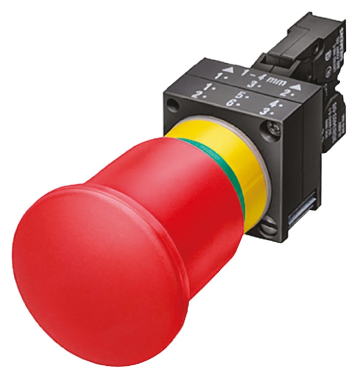 Siemens 3SB3 Series Momentary Emergency Stop Push Button, Panel Mount, 22mm Cutout, 2 NC, IP66