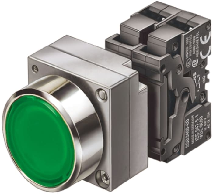 Siemens 3SB3 Series Illuminated Push Button, Panel Mount, 22mm Cutout, SPST, IP67