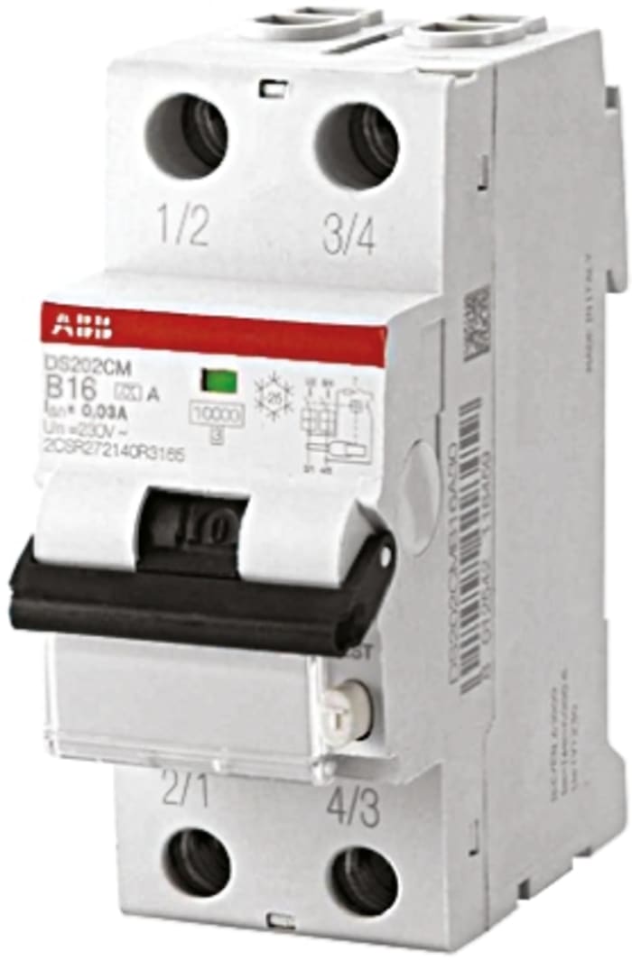 ABB RCBO, 10A Current Rating, 2P Poles, 30mA Trip Sensitivity, Type C, System Pro M Compact Range
