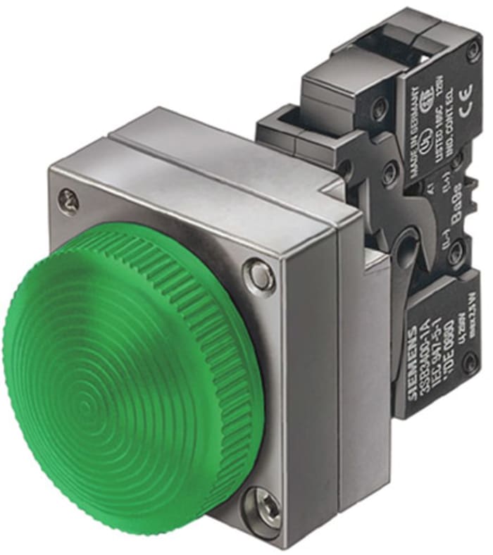 Siemens, 3SB, Panel Mount Green LED Pilot Light, 22mm Cutout, IP67, 100 → 130 V ac