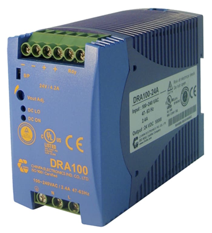 Alimentation pour rail DIN Chinfa, série DRA100, 12V c.c.out 8.4A, 100W