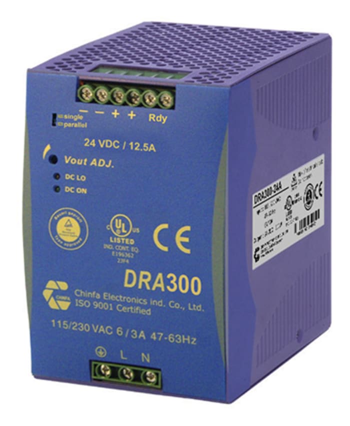 Chinfa DRA300 DIN Rail Power Supply, 90 → 264V ac ac Input, 48V dc dc Output, 6.25A Output, 300W