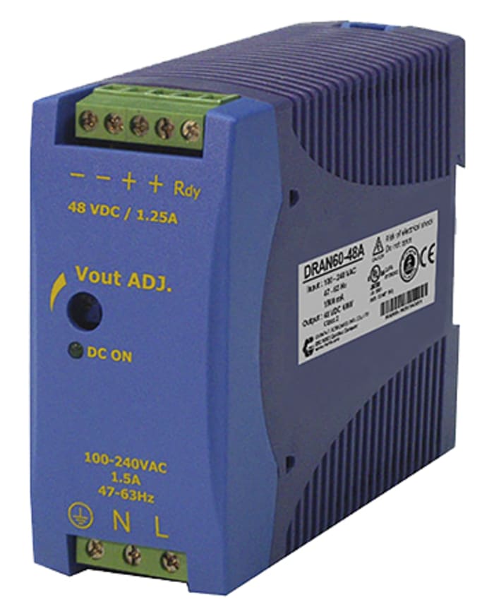 Chinfa DRAN60 DIN Rail Power Supply, 85 → 264V ac ac Input, 48V dc dc Output, 1.25A Output, 60W
