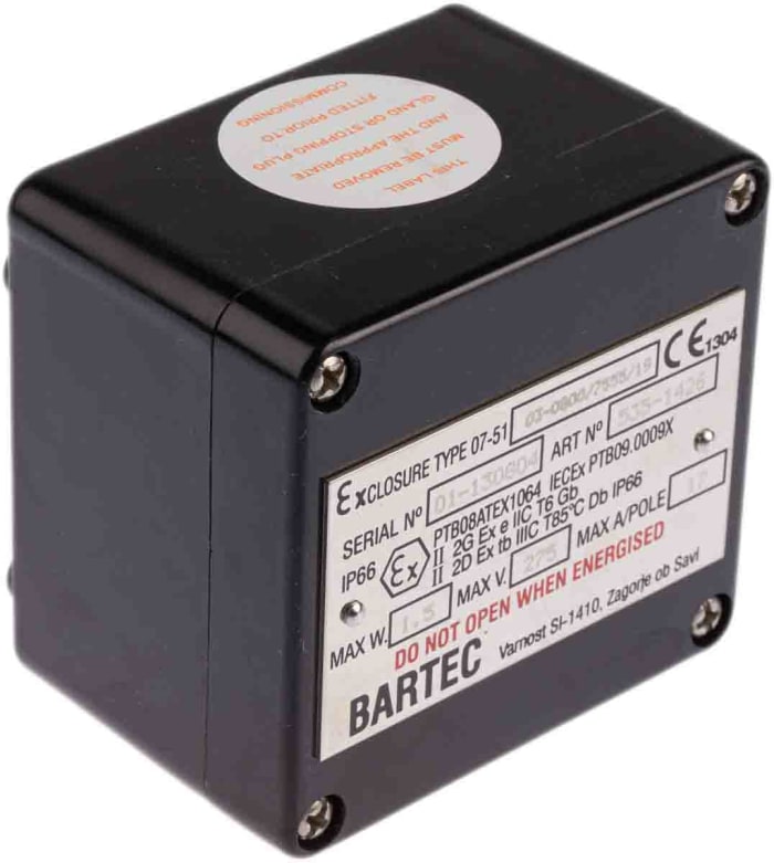 Caja de conexiones Bartec GB80, 1, 5 + E, 21A, Negro, 80mm, 75mm, 55mm, 80 x 75 x 55mm, IP66