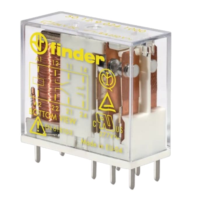 Finder PCB Mount Force Guided Relay, 24V dc Coil Voltage, 2 Pole, DPDT