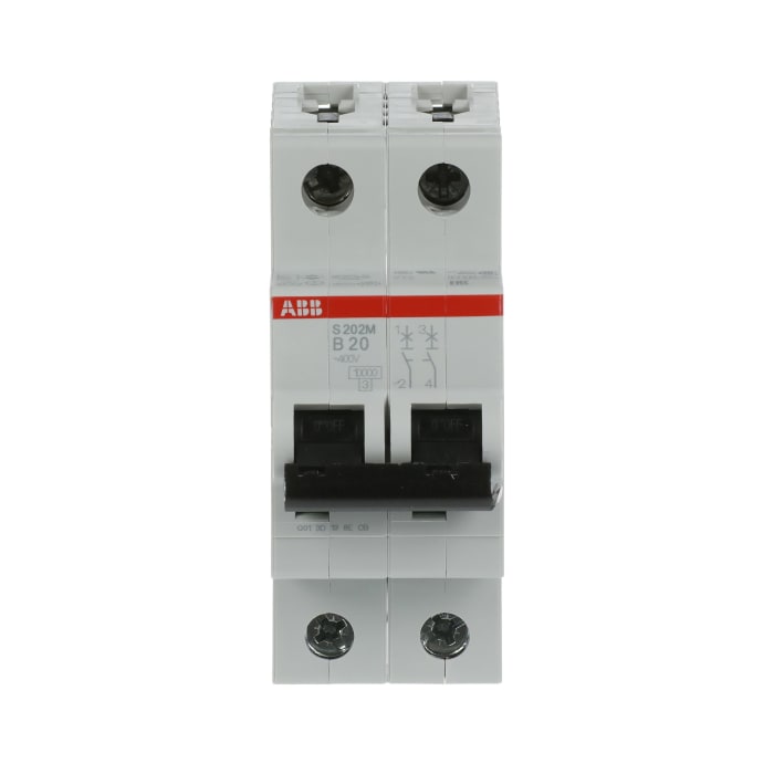 ABB System Pro M Compact S200M MCB, 2P, 20A Curve B, 440V AC, 125V DC, 10 kA Breaking Capacity