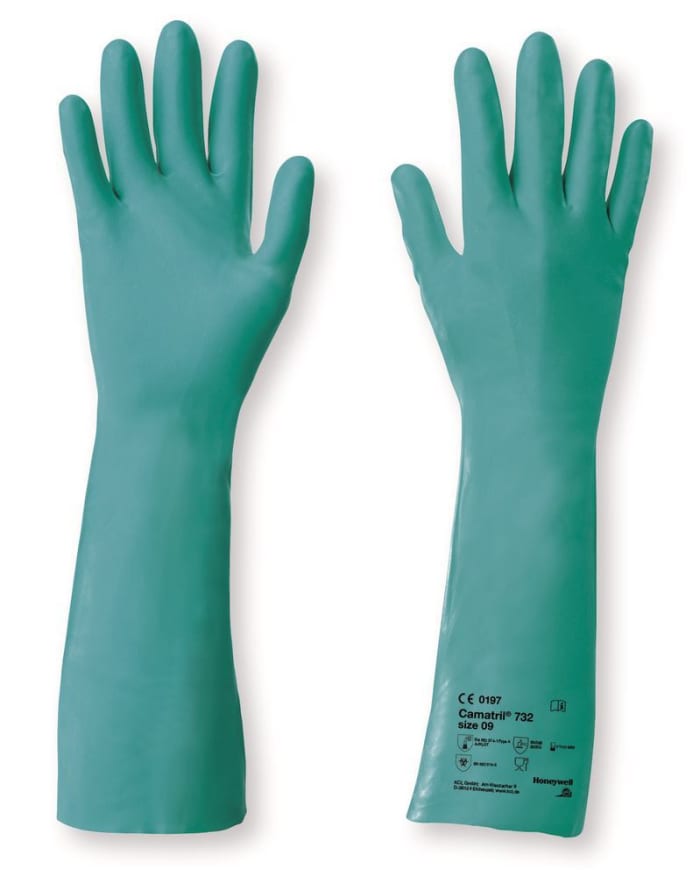Honeywell Safety Camatril 732 Green Nitrile Chemical Resistant Work Gloves, Size 9, Latex Coating