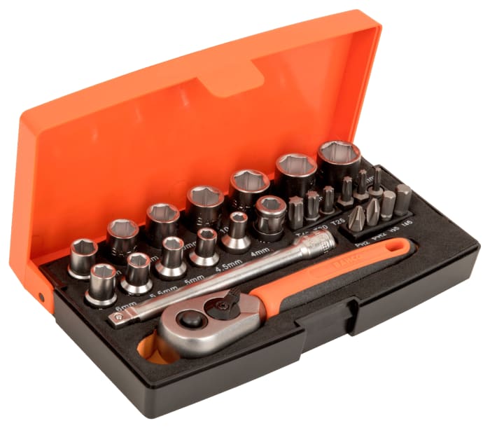 Bahco 25-Piece Metric 1/4 in Standard Socket/Bit Set with Ratchet, 6 point; Hex Bit; Phillips Bit; Torx Bit