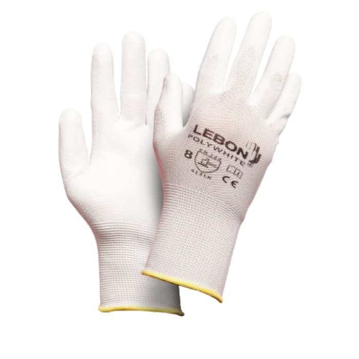 Lebon Protection POLYWHITE White Polyamide Abrasion Resistant Work Gloves, Size 9, Polyurethane Coating