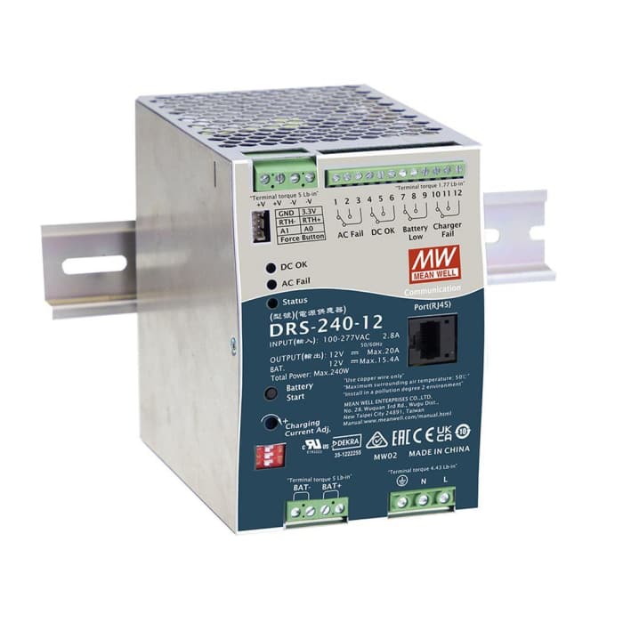 MEAN WELL Switching Power Supply, DRS-240-12, 12V, 0 - 20A, 240W, 127 → 431V dc Input Voltage
