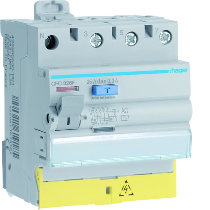 Hager CFC RCCB, 25A, 3P+N Pole, 300mA, Type AC, 230 → 400V ac