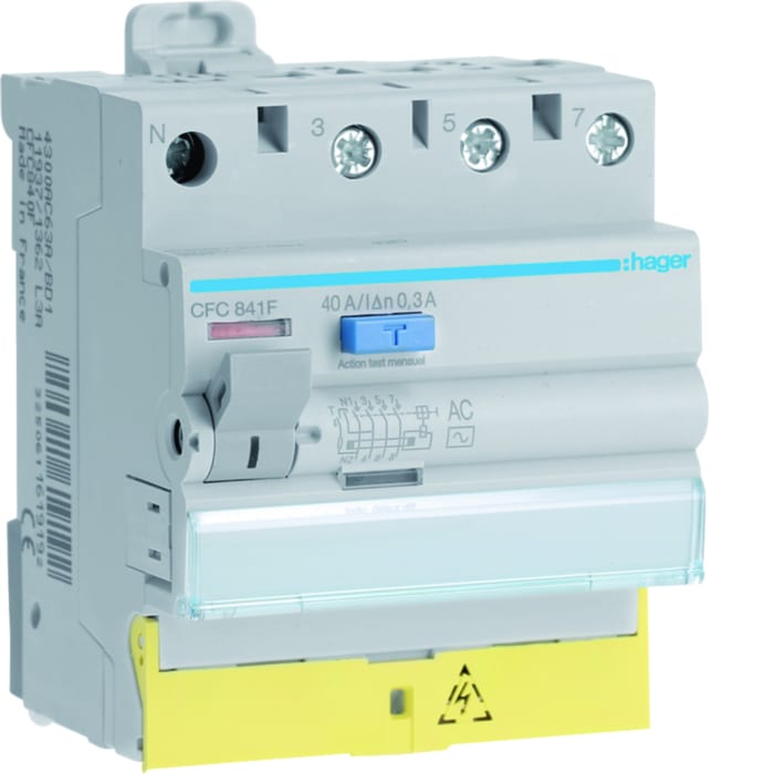 Hager CFC RCCB, 40A, 3P+N Pole, 300mA, Type AC, 230 → 400V ac