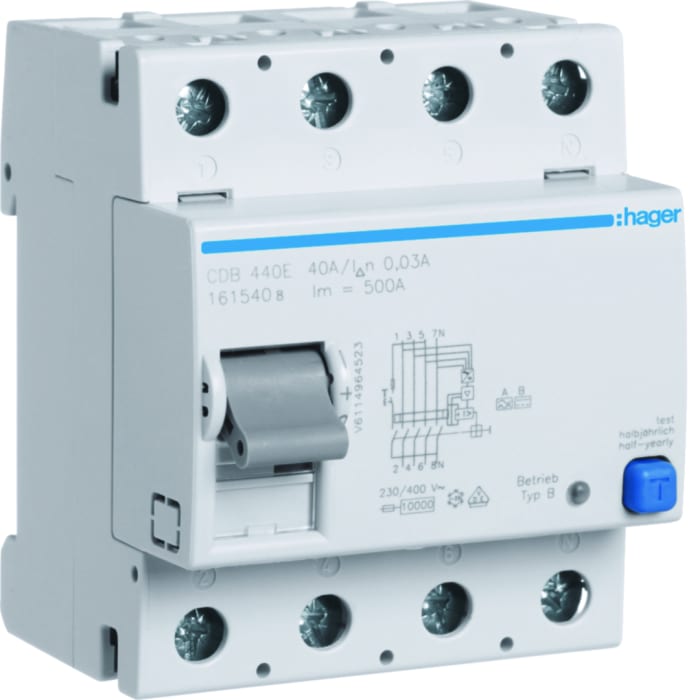 Hager CDB RCCB, 40A, 4 Pole, 30mA, Type B, 230 → 400V ac